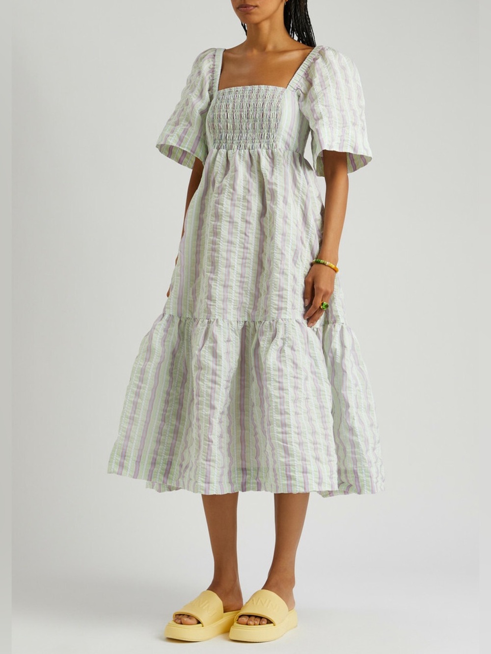 Ganni Striped Seersucker Midi Dress White Size 38 6208